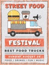 Food Street Festival. Kitchen In Car Mobile Van Outdoor Fast Catering Delivery Vector Vintage Poster Design