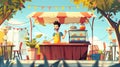 Food on a street market with a man selling cartoon modern background. Festival hawker character on the patio of a local Royalty Free Stock Photo