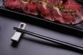 Food stylish prepare raw beef slice and seafood for barbecue japanese style, yakiniku, meat are being cooked on stove Royalty Free Stock Photo