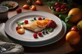 food stylist styling elegant dinner plate with fresh fruit, vegetables, and fish