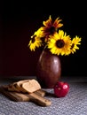 Food and sunflowers.