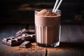 Healthy chocolate protein shake drink with straw, and protein powder. AI Generated Royalty Free Stock Photo