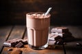 Healthy chocolate protein shake drink with straw, and protein powder. AI Generated Royalty Free Stock Photo