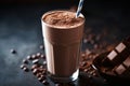 Healthy chocolate protein shake drink with straw, and protein powder. AI Generated Royalty Free Stock Photo