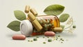 Food supplements and vitamins in capsules, tablets.