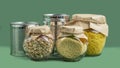 Food supplies during coronavirus quarantine and self-isolation. Food delivery, donation, volunteer support. Canned food, pasta and Royalty Free Stock Photo