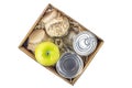 Food supplies during coronavirus quarantine and self-isolation. Food delivery, donation, volunteer support. Cardboard box with Royalty Free Stock Photo