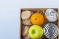 Food supplies during coronavirus quarantine and self-isolation. Food delivery, donation, volunteer support. Cardboard box with Royalty Free Stock Photo