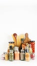 Food supplies crisis food stock. Different glass jars with grains, pasta, cans of canned food on a white background