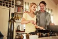 Food, support or happy couple kitchen cooking with healthy food or vegetables for lunch together at home. Affection or Royalty Free Stock Photo