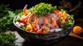 Food Surf and Turf salad with seafood and meat. Generative AI Royalty Free Stock Photo