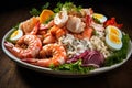 Food Surf and Turf salad with seafood and meat. Generative AI Royalty Free Stock Photo