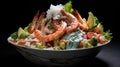 Food Surf and Turf salad with seafood and meat. Generative AI Royalty Free Stock Photo