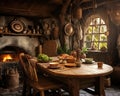 Food is on a table in the kitchen of a fantasy house. Royalty Free Stock Photo