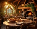 Food is on a table in the kitchen of a fantasy house. Royalty Free Stock Photo