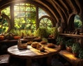 Food is on a table in the kitchen of a fantasy house. Royalty Free Stock Photo