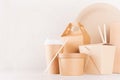 Food takeaway set mockup for brand - blank kraft paper pack for asian cuisine - box for noodles, drink cup, bowl, chopsticks. Royalty Free Stock Photo