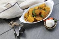 Yam curry or Taro root curry on a stone background. Royalty Free Stock Photo