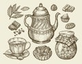 Food, tea, dessert. Hand drawn vintage teapot, kettle, cup, raspberry jam, chocolate, candy, fruitcake, pastry. Sketch Royalty Free Stock Photo