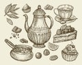 Food, tea, dessert. Hand drawn vintage teapot, kettle, cup, sugar bowl, chocolate, candy, fruitcake, pastry, piece of Royalty Free Stock Photo