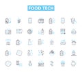 Food tech linear icons set. Automation, Biodegradable, Biosensors, Blockchain, Co-packaging, Cultured, Delivery line