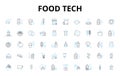 Food tech linear icons set. Automation, Biodegradable, Biosensors, Blockchain, Co-packaging, Cultured, Delivery vector