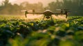 Food Technology, AI-controlled drone spraying crops in a smart farm. Royalty Free Stock Photo