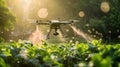 Food Technology, AI-controlled drone spraying crops in a smart farm. Royalty Free Stock Photo