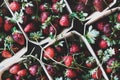 Food texture, background, wallpaper with fresh garden strawberries in boxes Royalty Free Stock Photo