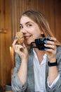 Food to Boost Brain and Memory, brainpower, nutrients for brain function. Girl student studying in cafe with cookies and