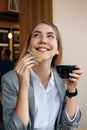 Food to Boost Brain and Memory, brainpower, nutrients for brain function. Girl student studying in cafe with cookies and