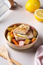 Vegan Plant based fish, fishless fillets with roasted vegetables Royalty Free Stock Photo