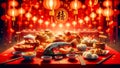 Food to worship at the festival Chinese New Year background, AI Generate image