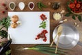 Food top view, kitchen wooden top work with white cutting board