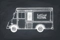 Vintage food truck sketch. Vector template for logo, icon, label, packaging, poster. Fast food festival menu design on chalkboard Royalty Free Stock Photo