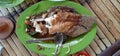 Food traditional bamboo table background Indonesianfood beuatiful grilled carp
