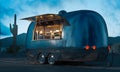 Food trailer with detailed interior on landscape background. 3d rendering.