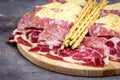 Food Tray With Delicious Salami Pieces of Sliced Ham and Crackers and Bread Sticks Meat Plate Royalty Free Stock Photo