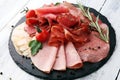 Food tray with delicious salami, pieces of sliced ham, sausage, Royalty Free Stock Photo