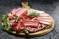 Food tray with delicious salami, pieces of sliced ham, sausage a Royalty Free Stock Photo