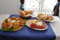 Food tray with delicious salami, pieces of sliced ham Royalty Free Stock Photo