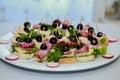 Food tray with delicious salami, pieces of sliced ham, sausage, yellow cheese Royalty Free Stock Photo