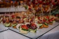 Food tray with delicious salami, pieces of sliced ham, sausage, yellow cheese Royalty Free Stock Photo