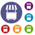 Food trolley with awning icons set Royalty Free Stock Photo