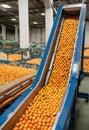 food factory harvest production citrus fruit orange processing process conveyor. Generative AI Royalty Free Stock Photo