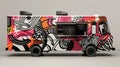 A food truck adorned with bold and eyecatching graphics featuring a menu of fusion cuisine that merges different