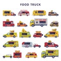 Food Truck as Equipped Motorized Vehicle for Cooking and Selling Street Food Vector Set