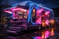 Food truck on asian night city street in cyberpunk style. Generative AI