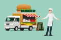 Food truck, automobile hamburger, ready to serve grilled meat and drinks in the outdoor atmosphere as a small business