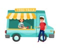 Food Truck with Awning and Woman Vendor Selling Hot Dogs Vector Illustration